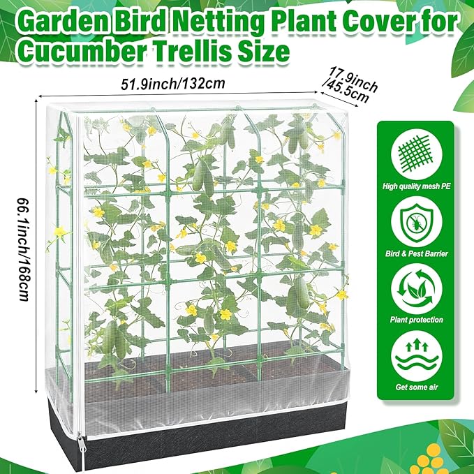 Garden Bird Netting Plant Cover for Cucumber Trellis, 52" x18''x66'' Insect Bird Barrier Garden Trellis Net with Zipper & Drawstring, Cucumber Trellis Netting Protection Cover for Protecting Plants