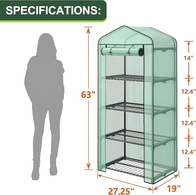 LEMY 4 Tier Mini Greenhouse Indoor Outdoor with PE Cover and Roll-Up Zipper Door,Portable Plant Green House for Seeds and Seedlings,Waterproof Shelved Tent for Patio,Garden,Balcony