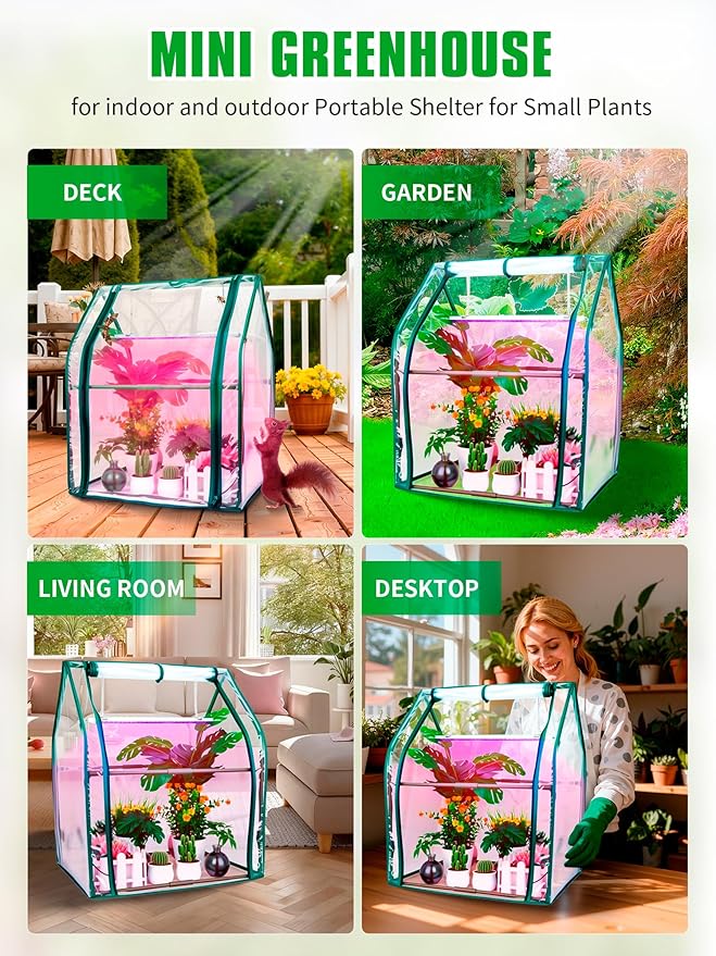 Mini Green House with Grow Light, Mini Greenhouse Indoor, 15W Full Spectrum Plant Lights & Timer for Seed Starter Tray, Indoor Outdoor Plants 24"x16"x20"