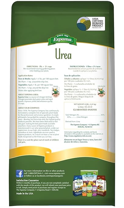 Espoma Urea Nitrogen Fertilizer 45-0-0, 4lb. Bag; Promotes Growth in All Flowering Plants, Trees, Shrubs, and Vegetables. Granular for Easy Application. Pack of Two
