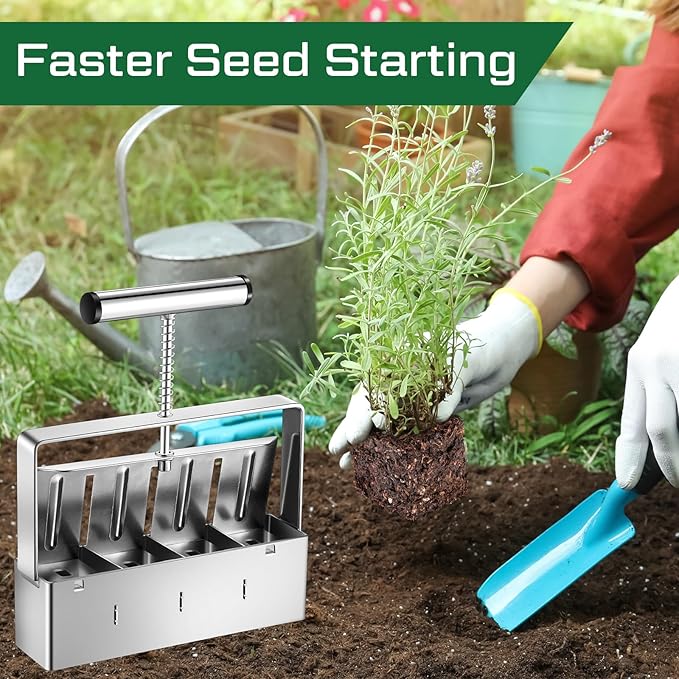 2 Set Soil Blocker, 2 Inch 4 Cell Upgraded Soil Blocking Tool for Seed Starting, Handheld Soil Block Maker with 3 Sizes Seed Pins for Garden Soil Potting Transplanting Germination