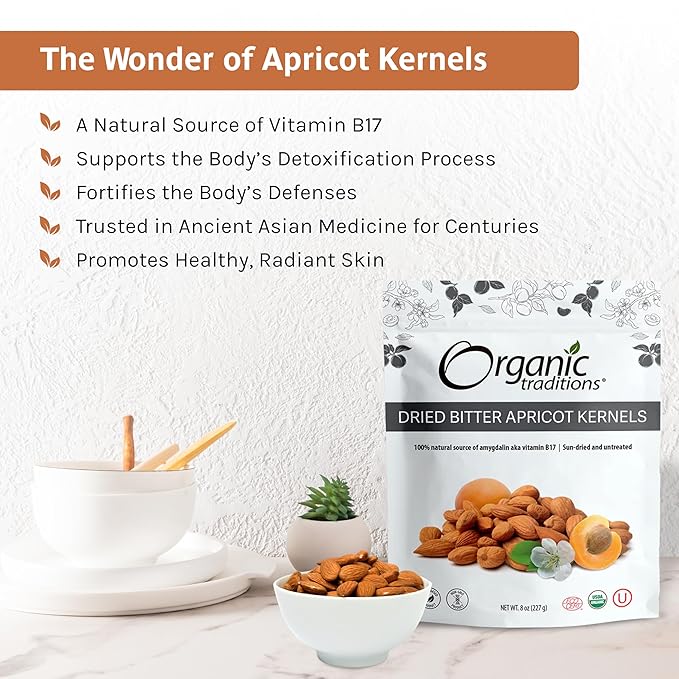 Organic Traditions Apricot Kernels – Sundried - Natural Source of Vitamin B17 - Sweet & Bitter Raw Apricot Seeds - 8oz