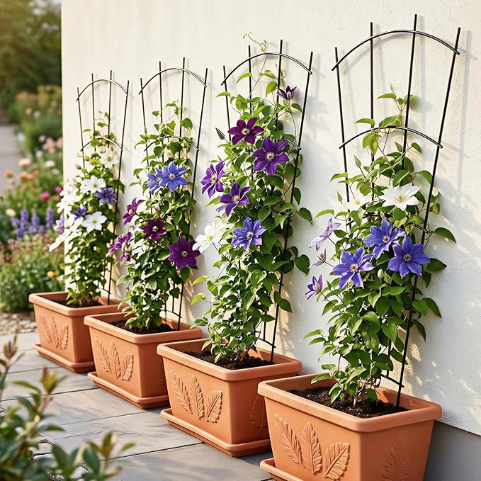 4 Pack 43" Metal Plant Trellis for Pots & Garden Beds, Rustproof Support for Indoor Outdoor Climbing Plants, Vines, Flowers, Fan Shaped, Black
