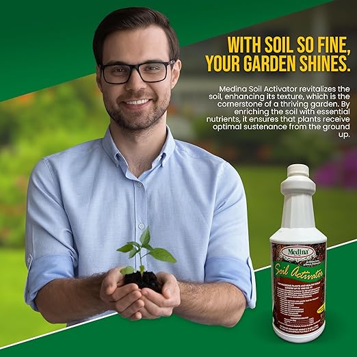 Medina Liquid Soil Activator - Liquid Fertilizer for Indoor & Outdoor Plants - Promotes Root Growth, Balances Soil Compaction - Ideal Plant Food for Houseplants - Covers up to 1000 Sq. Ft. - 1 Quart