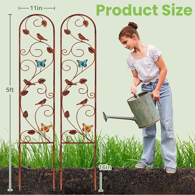 Lancisism 2 Pack 100% Metal Garden Trellis for Climbing Plants Outdoor - Heavy Duty Rustic Iron Arch Fence Trellis Rustproof Plant Support Trellis for Vines, Flowers, Vegetables & Wall Brackets
