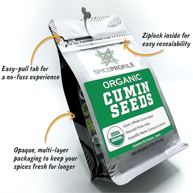 Spice Profile | USDA Certified Organic Cumin Seeds (Whole) | Resealable 4oz Pouch | Best for Tempering, Cooking, Spice Blends & Seasonings | Organic Jeera