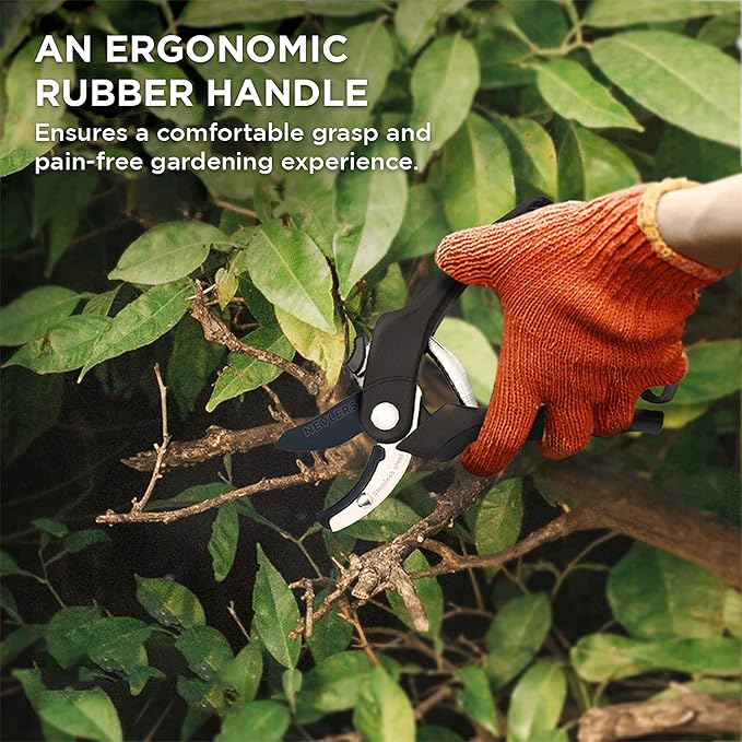 Nevlers 8" Anvil Pruning Shears for Gardening – Garden Shears with Stainless Steel Blades & 8mm Cut Capacity | Hand Pruners for Gardening | Ergonomic Garden Tools | Heavy Duty Scissors w/Safety Lock