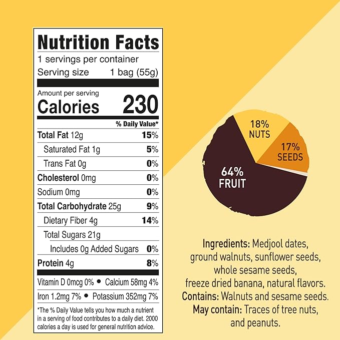 Fruit Nut Seed Healthy Snacks Pack, Walnuts Banana Medjool Dates Bites, Vegan, Gluten Free, No Sugar Added Energy Bars, 12 Bags (2 oz each)