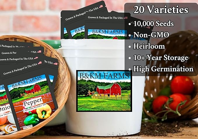 Beginner Survival Seed Vault: 10,000+ Heirloom & Non-GMO Seeds (20 Easy to Grow Varieties) by B&KM Farms