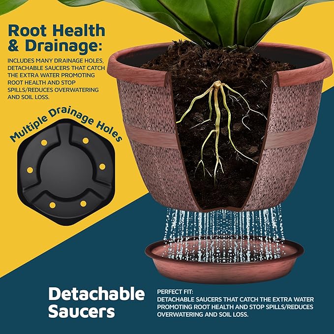 10-Inch Whiskey Barrel Planters Outdoor Pack of 10 - Durable Plastic Plant Pots for Indoor & Outdoor Use with Drainage & Saucer, Lightweight Rustic Barrel Planters for Flowers, Herbs & Small Plants