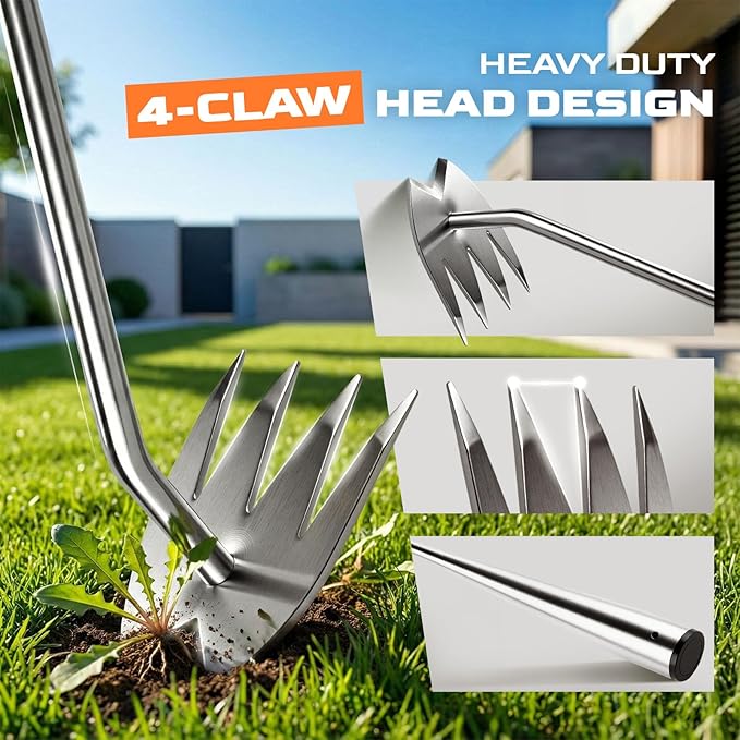 Upgraded Weed Puller Tool, 4-Tooth Stainless Steel Manual Weeder, Garden Weed Remover Tool for Vegetable Gardening Backyard Farm Planting & Weeding