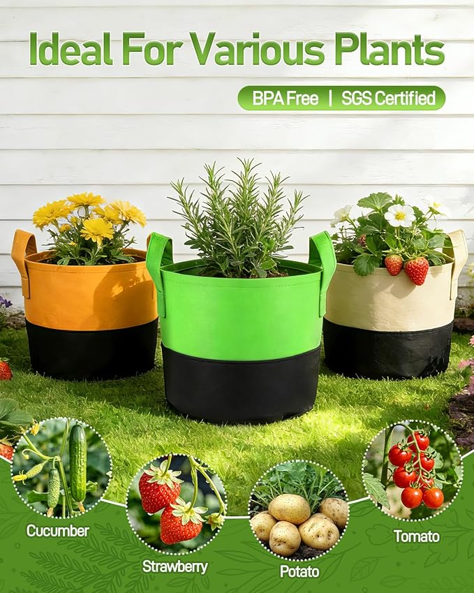 joyhalo 5-Pack 5 Gallon Garden Grow Bags, 350G Thickened Nonwoven Fabric Pots with Handles, Heavy Duty Planting Bags for Tomato, Potato and Vegetable, 5-Color Plant Labels