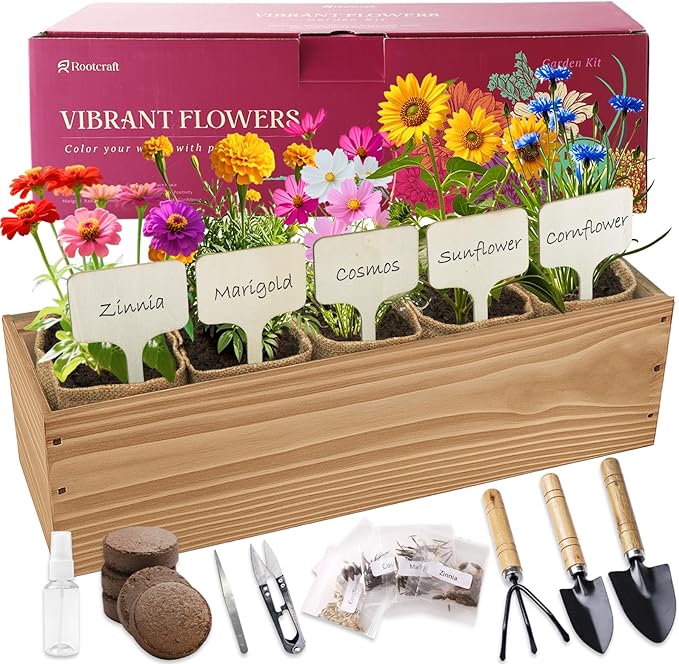 5 Indoor Flowers Growing Kit for Beginners, Complete Planting Starter Set with Zinnia, Cosmos, Sunflower, Marigold, Cornflower Seeds, Unique Gardening Gifts for Women & Men
