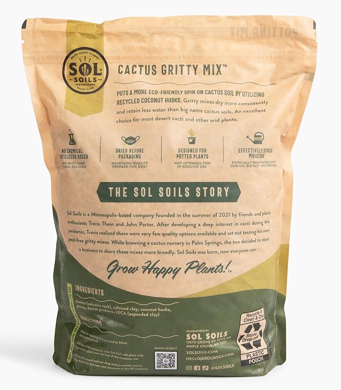 Sol Soils Cactus Gritty Potting Mix - Fast Draining, Peat Moss Free - 1 Gallon - Coconut Husk, Granite, Clay, Pumice