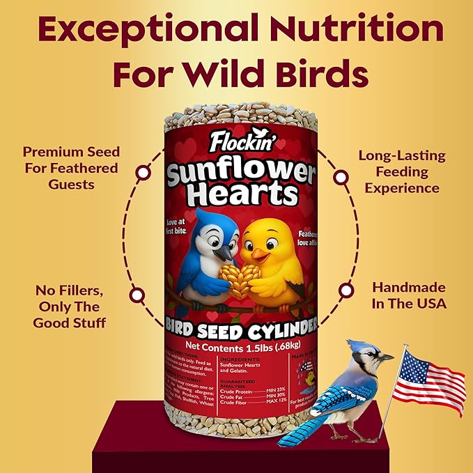 100% Sunflower Hearts for Birds – Premium Bird Seed Cylinders with Hole – Hulled Sunflowers Bird Seed – Sunflower Chips for Birds - Attracts Various Songbirds – No Mess Birdseed, USA Made (4" x 7.75")