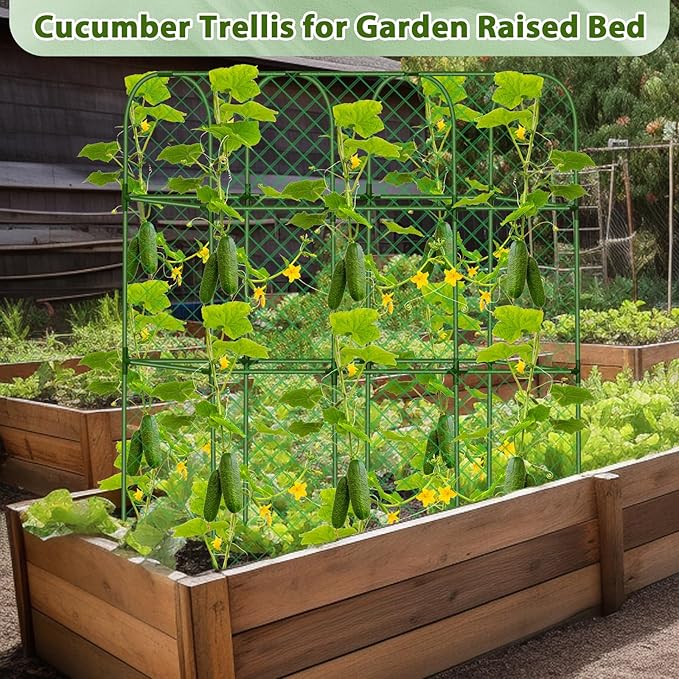 Cucumber Trellis for Garden, Upgrade U-Shaped Metal Garden Trellis Plant Grow Support Frame for Climbing Plants Vegetable Flower Fruits Vine Raised Bed with Netting, Instruction, Garden Tools, Green