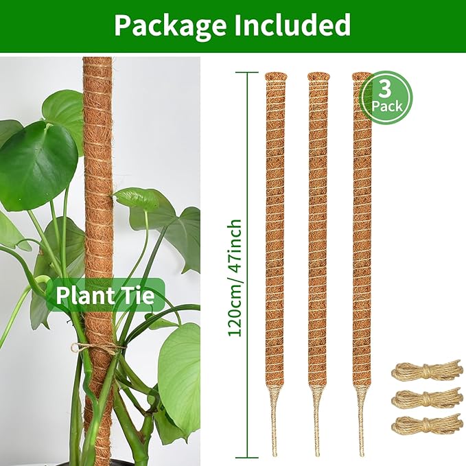 3 Pack Moss Pole, 47-Inch Moss Poles for Plants Monstera,Bendable Plant Support Stakes for Climbing Plants Indoor, Garden Trellis Plant Stick for Potted Plants, Pothos Philodendron