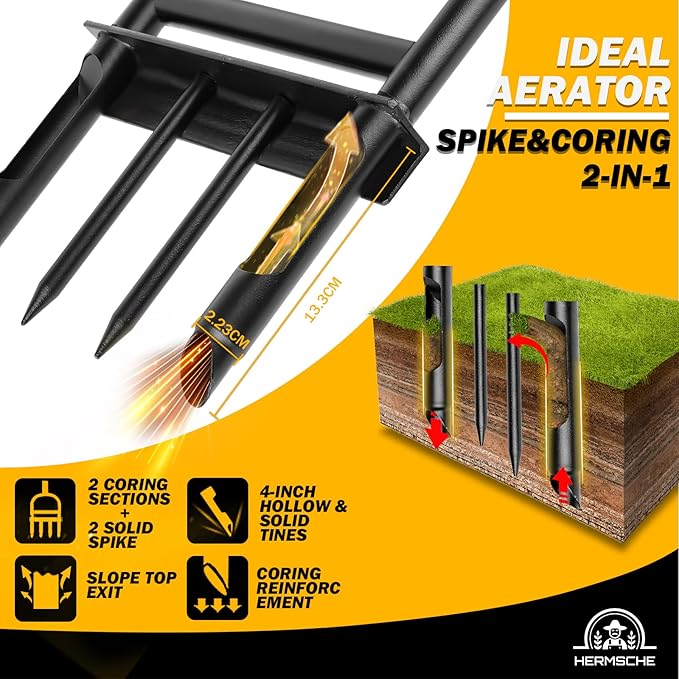 Lawn Aerator Coring Tool, Manual Plug Core Aerators with Cleaning Stick, 2 Half-Open Hollow Slot Tines and 2 Spike Heavy Duty Grass Aeration Tool for Soils Yard Garden