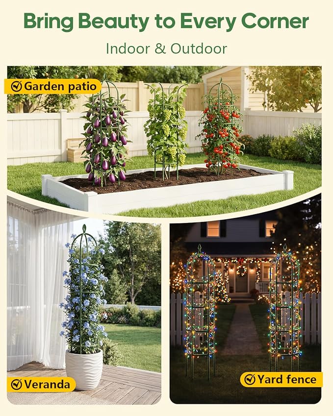 Joyhalo 2 Pack Trellis for Climbing Plants Outdoor, 74 Inch High Adjustable Garden Trellis for Flowers, Green Plastic Coated Steel Plant Stakes Use As Tomato Cage