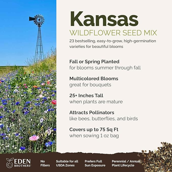 Eden Brothers Kansas Wildflower Mixed Seeds for Planting, 1 oz, 30,000+ Seeds with Candytuft, Cosmos | Attracts Pollinators, Plant in Spring or Fall, Zones