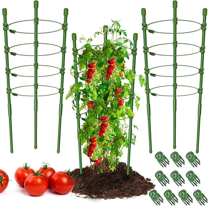 Legigo 3 Pack 24 Inch Plant Support Cages Tomato Cage for Garden- Plant Cages Adjustable Rings, Tomato Plant Support Stakes Trellis for Pots, Peppers, Cucumbers and Flowers with 10 Plant Clips