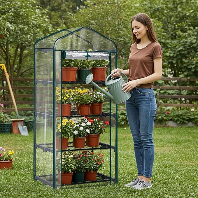 Outvita Mini Greenhouse, Small PVC Plant Green House with 4 Tiers Rack, Shelf Clips, Roll-up Zipper Door, Gardening Supplies for Indoor Outdoor Seedling Frost Protection, 27"x19.6"x63" Transparent