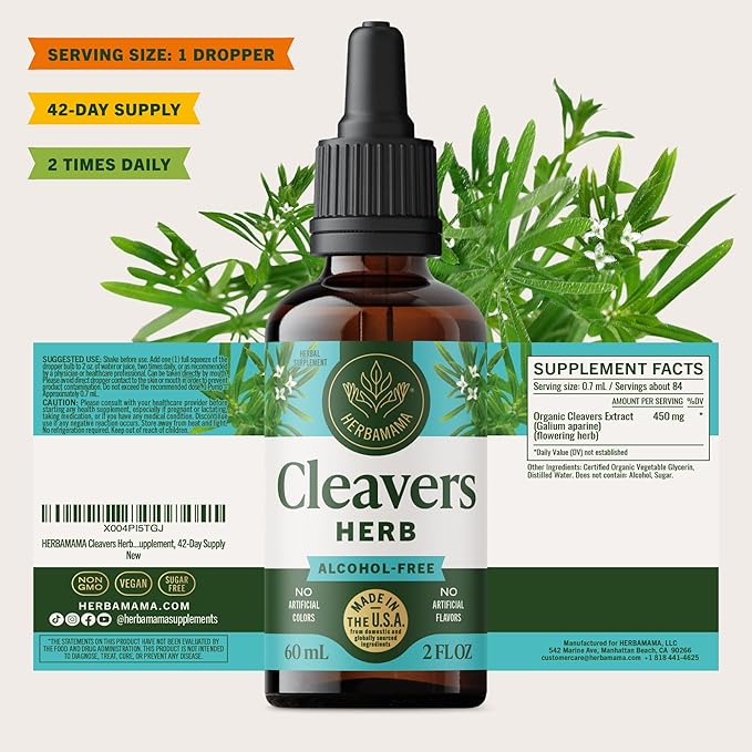 HERBAMAMA Cleavers Herb Tincture - Vegan Natural Detox & Cleanse Support with Cleavers Leaf Extract Drops - Non-GMO, Alcohol & Sugar-Free Liquid Herbal Supplement, 42-Day Supply
