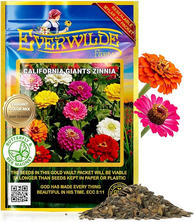 Everwilde California Giants Zinnia Seed Mix 1/4 lb – Bright Blooms in Pink, Purple, Red, Orange, Yellow & White – Easy-to-Grow Annuals for Gardens & Bouquets – Gold Vault Packet