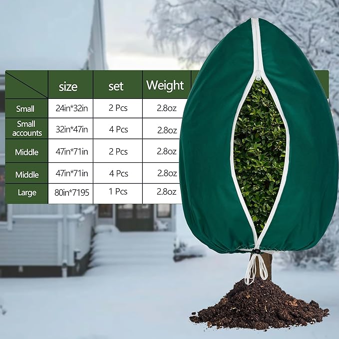 Plant Covers Freeze Protection, 2 Pack Frost Cloth with Zipper Drawstring 24’’×32’’, Reusable Outdoor Protection Jacket for Shrub Tree Potted Plants Winter Cold Weather(Green)