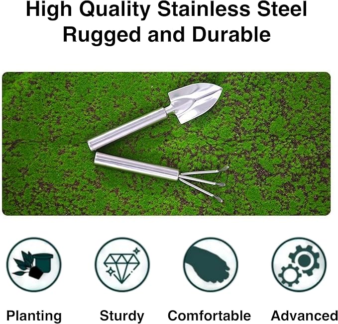 3-Piece Stainless Steel Garden Tools Set with Gloves- Shovel, Rake, Weeder for Indoor Outdoor Use, Ergonomic Handles for Succulents, Potted Plants & Seedlings