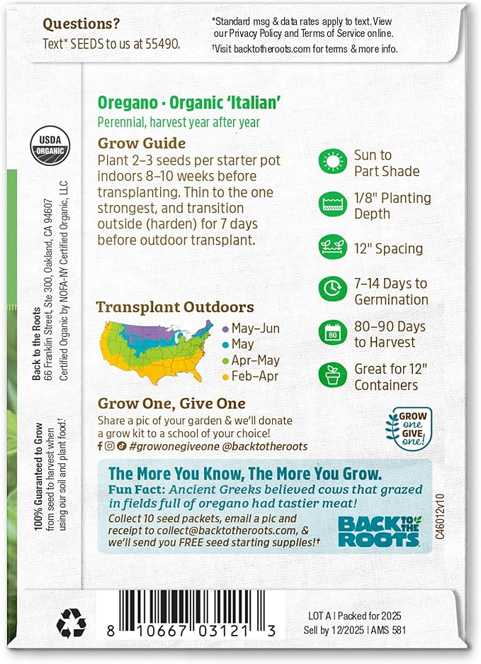 Back to The Roots 100% Organic Heirloom Seeds - Oregano Value Pack (140mg Total)