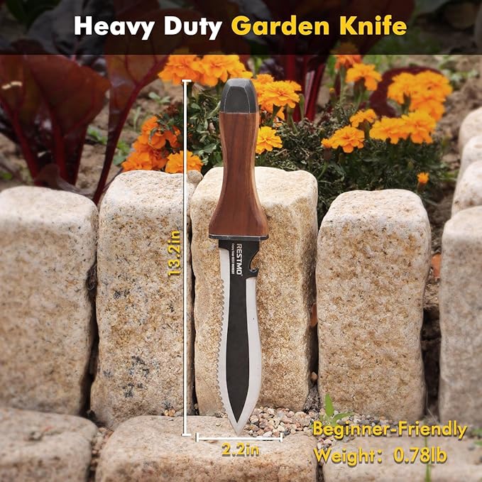 Restmo Hori Hori Garden Knife with Sheath, Durable Weeding and Planting Tools, High-Strength Stainless Steel Dual-Edge Blade, Ergonomic Walnut Handle for Gardening and Outdoor Use