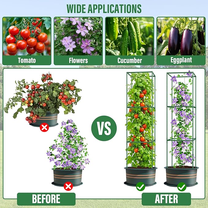 Square Tomato Cages for Garden: 3 Pack Heavy Duty Plant Cage - 48.5in Adjustable Height Tomato Plant Support cage for Flowers, Fruits, Vegetable