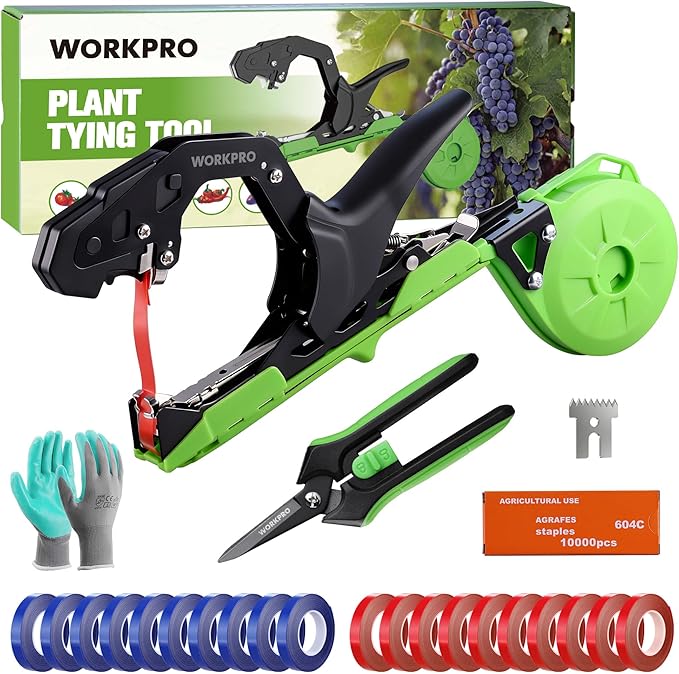WORKPRO Plant Tying Machine with 6" Scissors, Lightweight Tape Gun for Tying Vines and Support Plant, Includes Gloves, 20 Rolls of Tape, 10000 Staples, Ideal for Tomatoes, Grapes, Cucumber, Vegetables