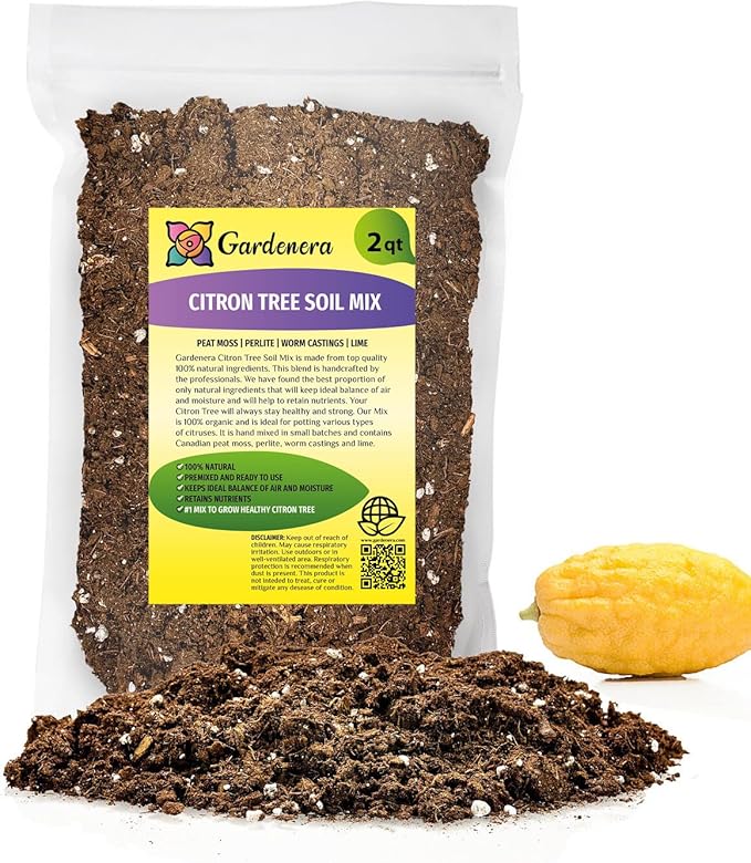 Gardenera's Premium Citron Tree Soil Mix - The Ideal Blend of Nutrients and Aeration for Growing Healthy and Productive Citrus Medica Trees - 2 Quart