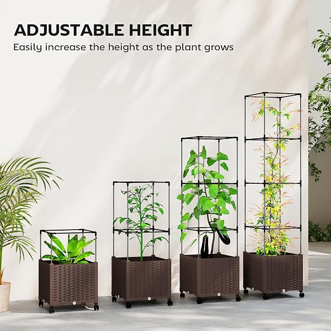 Outsunny Raised Garden Bed with Trellis, 71.7" Tomato Cage with Lockable Wheels, Self Watering Outdoor Planter Box with Drainage Holes and Plugs for Climbing Plants, Vines, Vegetables, Flowers, Brown