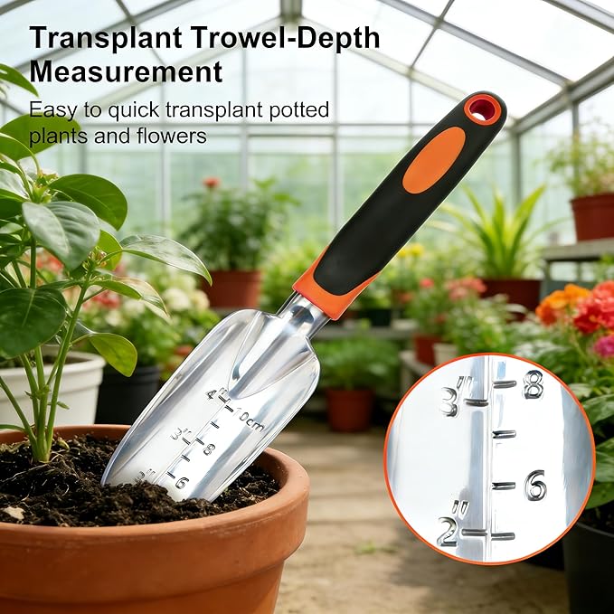 Garden Tools Set, 3-Piece Heavy Duty Gardening Hand Tools, Rust-Proof Cast Aluminum Construction with Soft Non-Slip Rubber Grips, Ideal for Digging, Planting, Weeding & Transplanting (Orange)