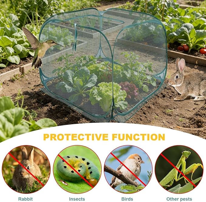 EATAKWARD 2 PCS Foldable Plant Protector, 35" x 35" x 27.5" Pop-Up Mesh Cover, Bird Betting for Garden, Garden Bed Cover for Outdoor Vegetables, Fruits, and Flowers