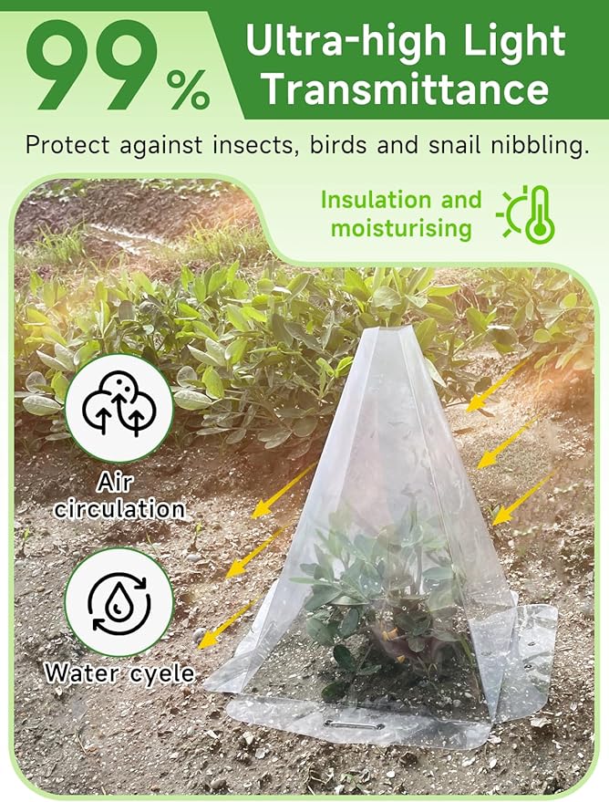 30 Pack Garden Cloches for Plants - Clear Reusable Plastic Seedling Covers with 60 Metal Stakes - Mini Greenhouse Plant Bell Covers for Frost, Sun, Pests Protection(7.8" x 11")