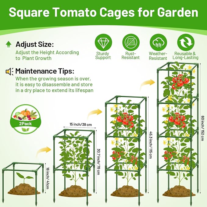 Legigo 2 Pack Square Tomato Cages- 60 Inch Heavy Duty Tomato Trellis for Climbing Plants Outdoor, Tomato Plant Support Stakes Cage Garden Trellis for Garden Raised Garden Bed Cucumbers Vegetables