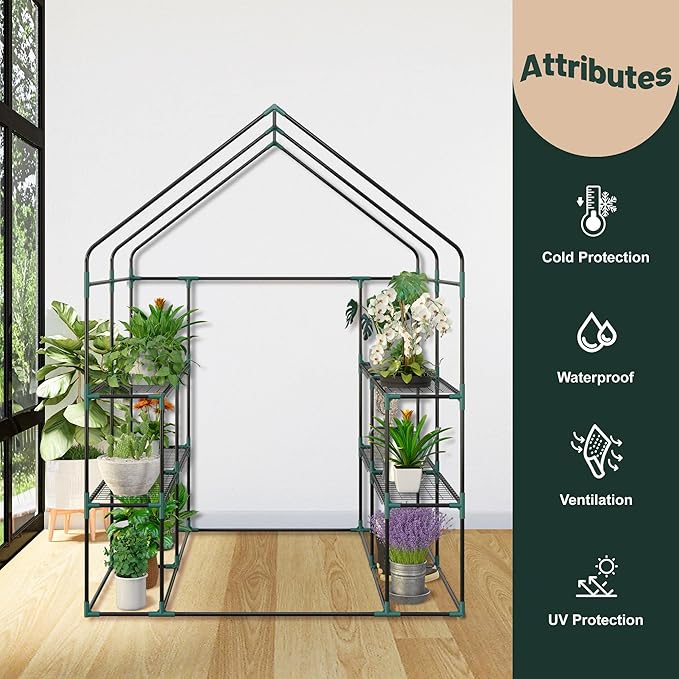 LEMY Walk-in Greenhouse for Outdoors,2-Tier 8 Shelves Heavy-Duty PE Cover with Roll-Up Zipper Door and Windows,Steel Frame Plant Hot House with Anchors,Ropes for Garden,Patio