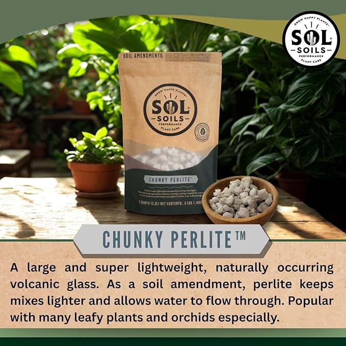 Sol Soils Chunky Perlite for Plants - Lightweight, All-Natural Volcanic Glass Soil Amendment to Improve Drainage & Aeration – 2 Quarts