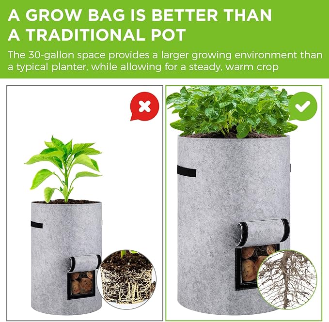 Yoojahow 2 Pack 30 Gallon Potato Grow Bags with Harvest Window, Durable Garden Planter Bags with Handles for Potatoes, Tomatoes, and Vegetables - Indoor & Outdoor Gardening Supplies (Gray)