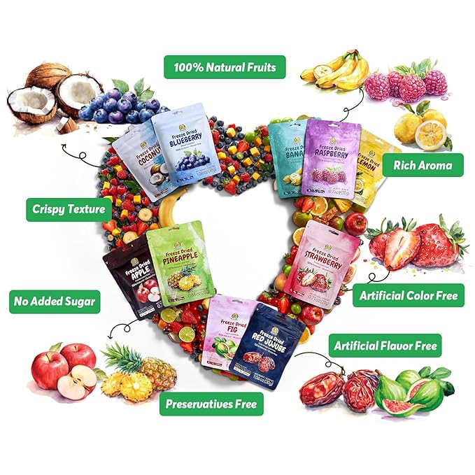 SUNGIVEN Mixed Freeze-Dried Fruit, Variety Pack of 12 Bag, Health Snack, Freeze Dried Apple Banana Strawberry Blueberry Raspberry Coconut Mango Pineapple, No Sugar Added, 10.2 oz