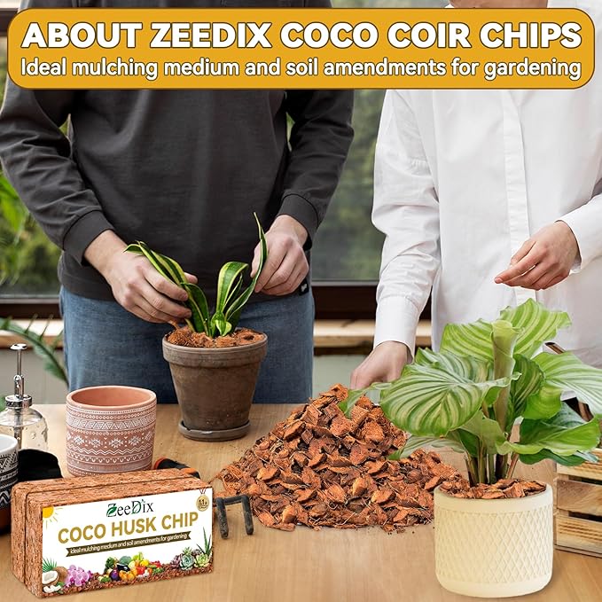 Zeedix 6 Pack Coco Husk Chips for Plants, 100% Organic Coconut Chips Mulch with Low EC & PH Balance, All Purpose for Indoor Plant Flowers Herbs Vegetables, Reptiles Terrarium Tanks Substrate(6.6LB)