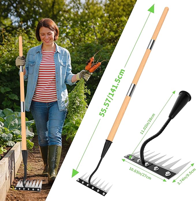 Iron Weed Rake with Wooden Long Handle 2.0, 8 Teeth Weed Puller Tool Heavy Duty, Manual Gardenia Weeding Rake Tool for Yard, Lawn and Garden, 56Inch