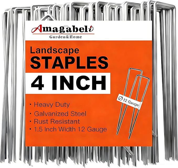 AMAGABELI GARDEN & HOME 4 Inch 200 Pack Galvanized Landscape Staples 12 Gauge Anti-Rust Heavy Duty Garden Staples Plant Cover Stakes U-Shaped Sod Pins Ground Fence Stakes for Weed Barrier Fabric