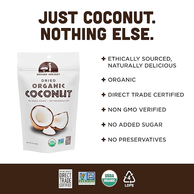 Mavuno Harvest Coconut Chips Dried Fruit Snack | Unsweetened Organic Dried Coconut Strips | Gluten Free Snack | Healthy Snacks for Kids and Adults | Vegan, Non GMO, Direct Trade | 2 Ounce, Pack of 6