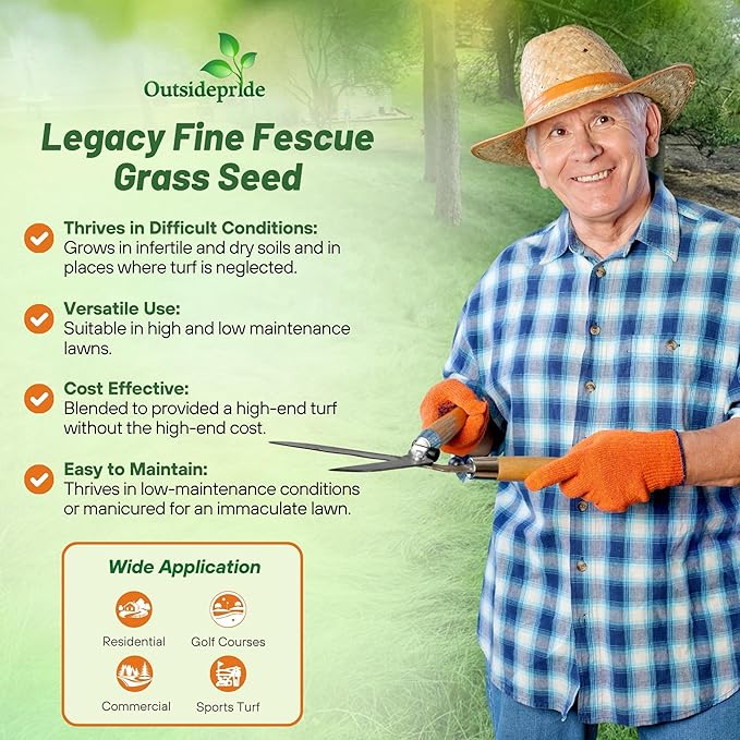 Outsidepride Legacy Fine Fescue Grass Seed Mix - 25 lbs. Shade & Sun Tolerant Blend of Hard Fescue, Chewings Fescue & Creeping Red Fescue with OptiGrowth Coating for Better Establishment