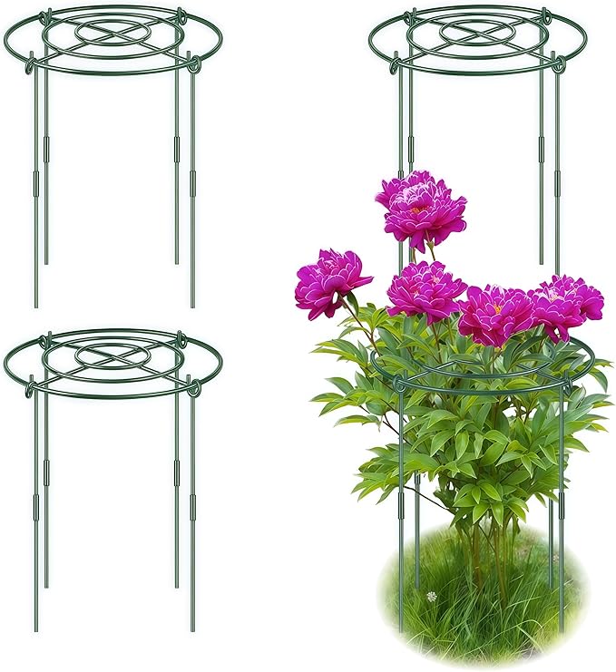 4 Pack Peony Cages and Supports, 11.8" Plant Support Ring with Detachable Extension Rod, Extends to 23.6" H, Heavy Flower Brace Ring Grow Through Plant Support Stakes for Tomato Hydrangea